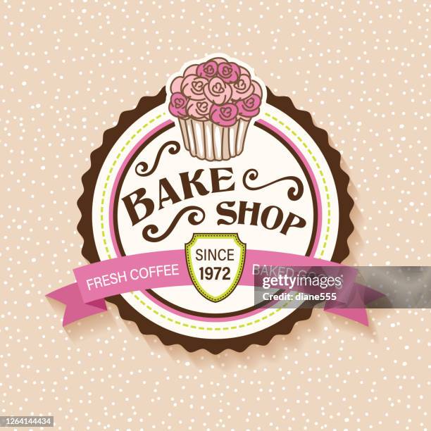 bake shop sticker with cupcake and ribbon - baked goods background stock illustrations