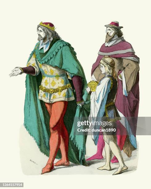 medieval fashion german prince, page boy, noble 14th century - domestic staff stock illustrations