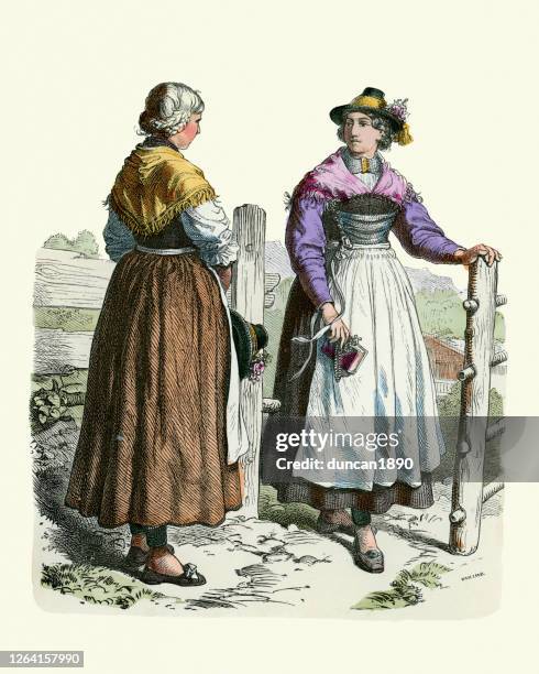 german women, traditional fashion costumes, miesbach, bavaria, skirt, apron, shawl - wrap blouse stock illustrations