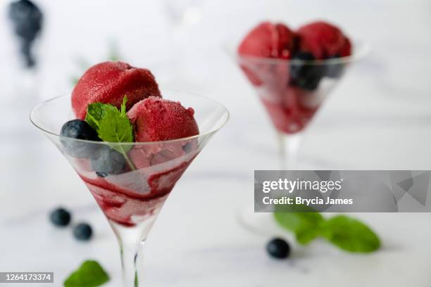 framboos sorbet gegarneerd met bosbessen en munt - sorbetto stockfoto's en -beelden