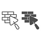 Brickwork and trowel line and solid icon, house repair concept, Bricklaying sign on white background, Brick wall trowel icon in outline style for mobile concept and web design. Vector graphics.