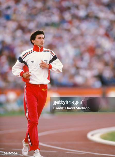 Sebastian Coe of Great Britain warms up before the final of the Men's 1500 meters race of the 1984 Olympics on August 11, 1984 in the Los Angeles...