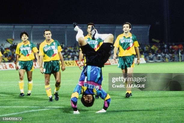 Yoshio Kato of JEF United Ichihara makes a backflip to celebrate after his side's 5-2 victory in the J.League Nicos Series match between JEF United...