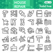 House repair line icon set, Homebuilding and renovating symbols collection or sketches. Construction and repair linear style signs for web and app. Vector graphics isolated on white background.
