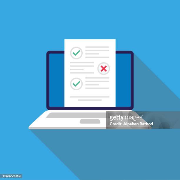 check list document on laptop vector, flat cartoon computer with paper check list and to do list with checkboxes, concept of survey, online quiz - precision medicine stock illustrations