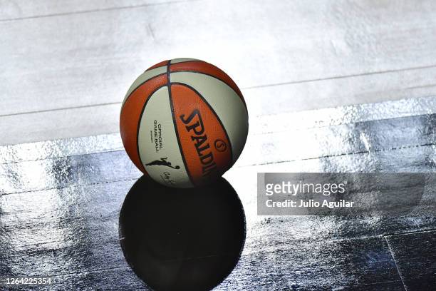 Basketball ball sits on the court during a game between the Indiana Fever and the Atlanta Dream at Feld Entertainment Center on August 02, 2020 in...
