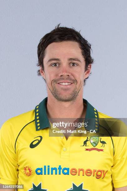 Travis Head poses during the Cricket Australia Men's One Day International Team Headshots Session on October 04, 2019 in Sydney, Australia.