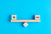 Plus and minus or positive and negative symbols on wooden blocks are in balance on a wooden seesaw