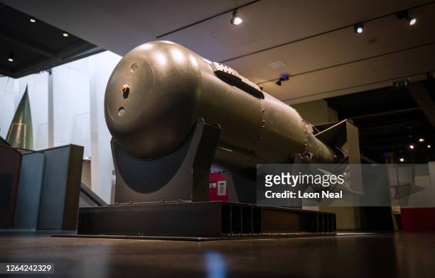 One of five original casings made for the "Little Boy" atomic bomb is seen on display, following the first showing of a commissioned video...