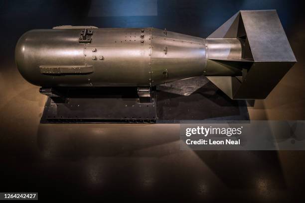 One of five original casings made for the "Little Boy" atomic bomb is seen on display, following the first showing of a commissioned video...