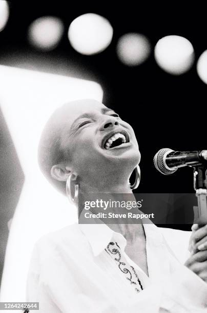 British Jazz and Soul singer Sade Adu, of the group Sade, performs during the Artists Against Apartheid Freedom Festival, Clapham Common, London,...