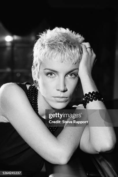 Scottish New Wave and Pop singer Annie Lennox, of the group Eurythmics, Churchill Hotel, London, 4/22/1985.