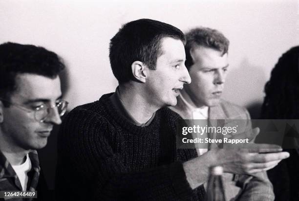 View of, from left, English musicians Richard Coles, from the Communards, Billy Bragg, and Mick Talbot, the latter of the Style Council, Red Wedge...