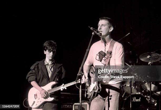 English musicians Johnny Marr and Billy Bragg, Red Wedge Tour, soundcheck, Manchester Apollo, Manchester, 1/25/1986. During the latter half of the...