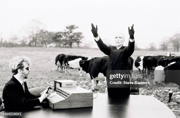 New Wave and Pop musicians Dave Stewart and Annie Lennox, of the group Eurythmics, films the 'Sweet Dreams ' music video , 1/6/1983.