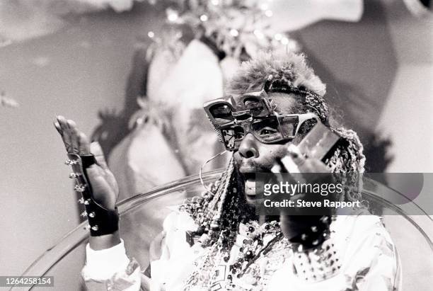 American Funk musician George Clinton appears in New Wave musician Thomas Dolby's 'May The Cube Be With You' music video, London, 6/25/1985.