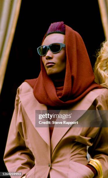 Jamaican actress, model, and singer Grace Jones at the 'View To A Kill' press photo call, 6/13/1985.