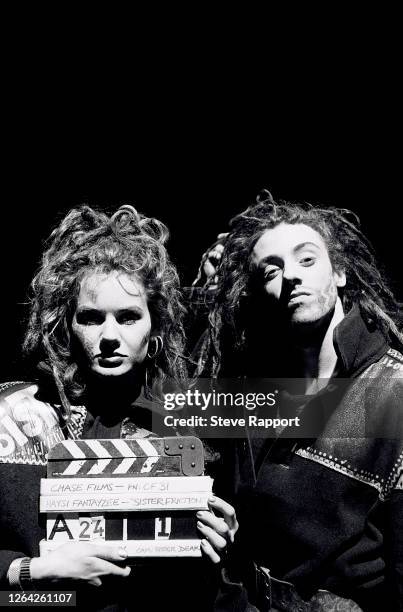 English New Wave and Pop singers Kate Garner and Jeremy Healy, both of the group Haysi Fantayzee, film the 'Sister Friction' music video, Fuji Film...