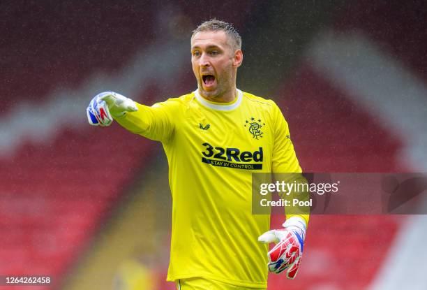 Allan McGregor of Rangers FC reacts during the Ladbrokes Premiership match between Aberdeen and Rangers at Pittodrie Stadium on August 01, 2020 in...