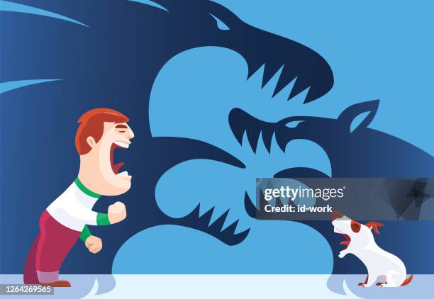 ilustraciones, imágenes clip art, dibujos animados e iconos de stock de niño enojado con perro ladrando - ladrando