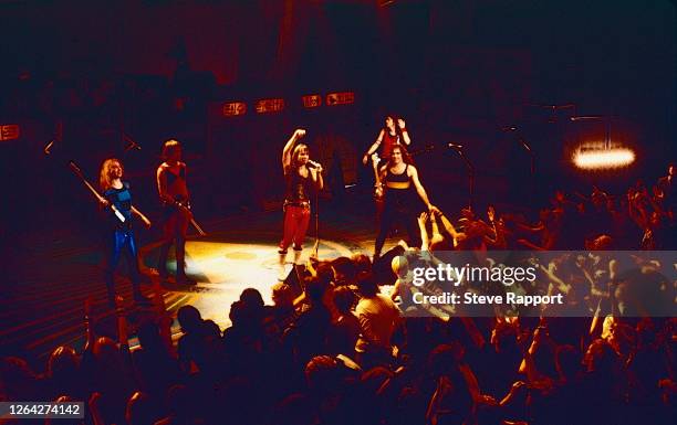 English Heavy Metal group Iron Maiden onstage during their 'World Slavery' tour, Royal Concert Hall, Nottingham, 9/29/1984. Pictured are, from left,...