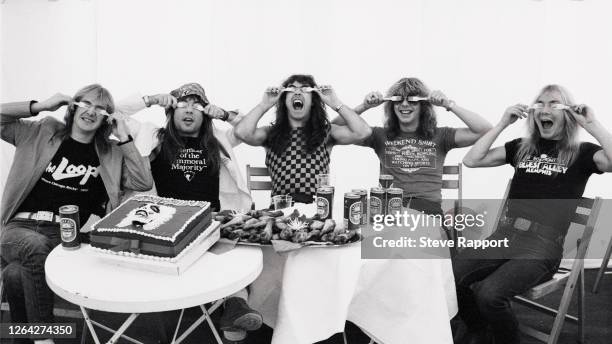 Iron Maiden backstage at the Reading Festival, Reading, 8/29/1982. Pictured are, from left, Clive Burr, Bruce Dickinson, Steve Harris, Adrian Smith,...