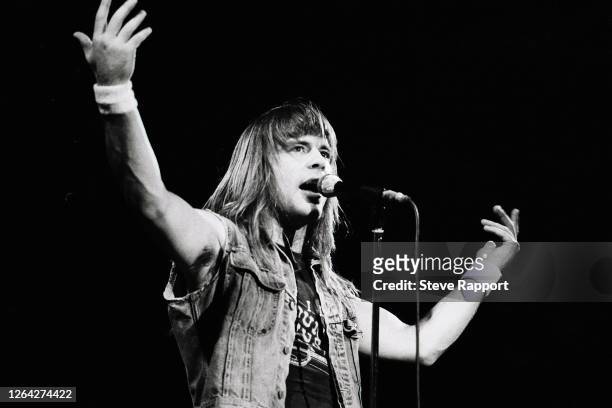 English Heavy Metal singer Bruce Dickinson, of the group Iron Maiden, at the Reading Festival, Reading, 8/29/1982.