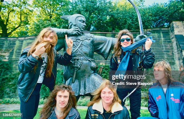 Iron Maiden, Nottingham, 9/29/1984. Pictured are, from left, Bruce Dickinson, Steve Harris, Dave Murray, Adrian Smith, and Nicko McBrain, as they...