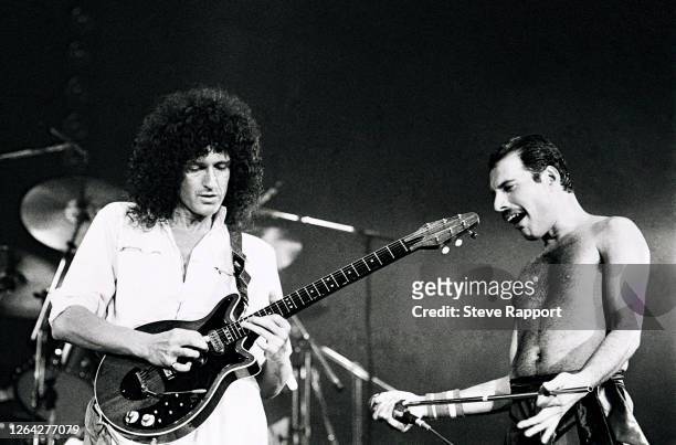 Rock musicians Brian May and Freddie Mercury , of the group Queen, 'The Works' tour Wembley Arena, London, 9/5/1984.