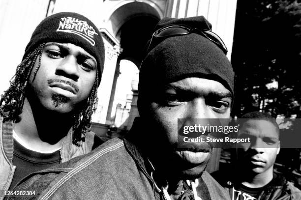 Portrait of the members of Rap group Naughty By Nature, Palace of Fine Arts, San Francisco, California, 2/11/1993. Pictured are Treach , Vin Rock ,...