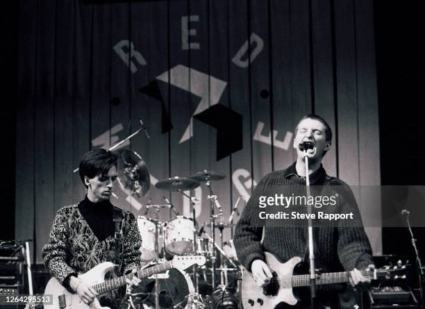 English musicians Johnny Marr and Billy Bragg, soundcheck, Red Wedge Tour, Manchester Apollo, Manchester, 1/25/1986. During the latter half of the...