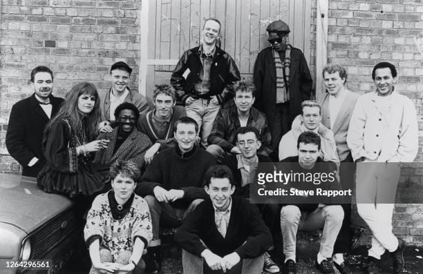 Portrait of performers on the Red Wedge Tour 12/1/1985. Pictured are, back row Jimmy Somerville and Lorna Gee; second row, Jerry Dammers, Joolz,...