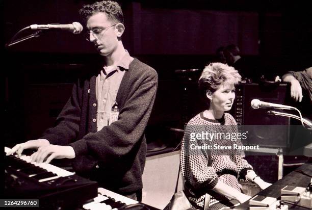 English musicians Richard Coles, of the Communards, & Helen Turner, of the Style Council, perform during the Red Wedge Tour, St Davids Hall, Cardiff,...