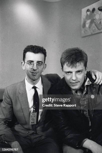 English musicians Richard Coles , of the Communards, and Suggs, of Madness, during an event on the Red Wedge Tour, Birmingham Odeon, Birmingham,...