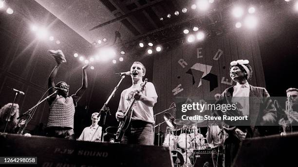 Musicians, from left, Sarah Lee Morris, Junior Giscombe, Paul Weller, Billy Bragg, Steve White, and Dee C Lee perform during the Red Wedge Tour,...