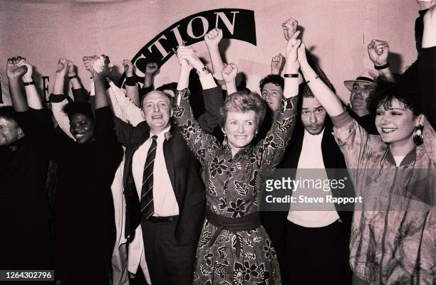 View of attendees at the Red Wedge Re-launch, at Ronnie Scott's, London, 7/6/1987. Among those pictured are married politicians Neil & Glenys...