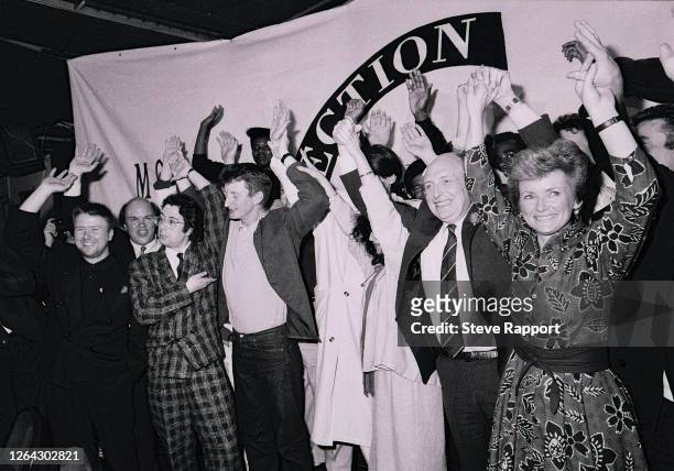 View of attendees at the Red Wedge Re-launch, at Ronnie Scott's, London, 7/6/1987. Among those pictured are comedian Ben Elton, musician Billy Bragg,...