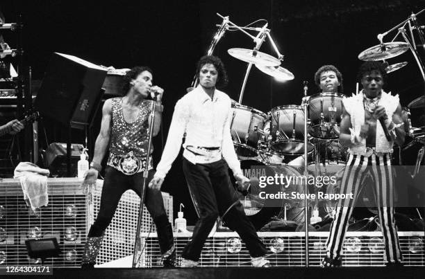 American R&B and Pop group the Jacksons perform on the first night of their ‘Victory’ tour, at Arrowhead Stadium, Kansas City, Missouri, 7/6/1984....