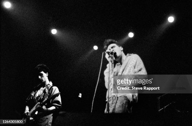 English musicians Johnny Marr and Morrissey, both of the group the Smiths, Red Wedge Tour, Newcastle City Hall, Newcastle, 1/31/1986. During the...
