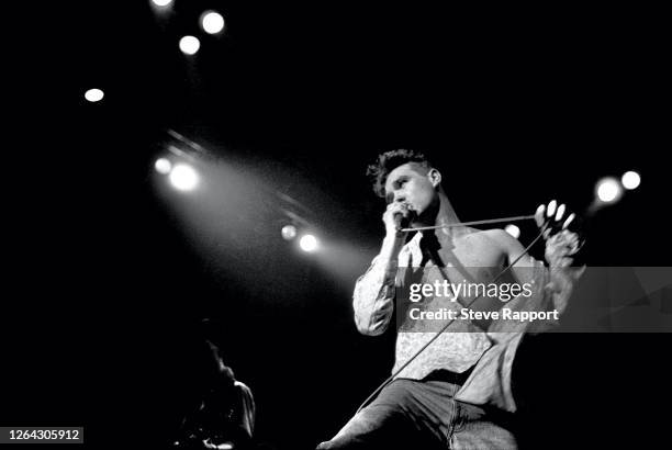 English singer Morrissey, of the group the Smiths, Red Wedge Tour, Newcastle City Hall, Newcastle, 1/31/1986. During the latter half of the 1980s,...