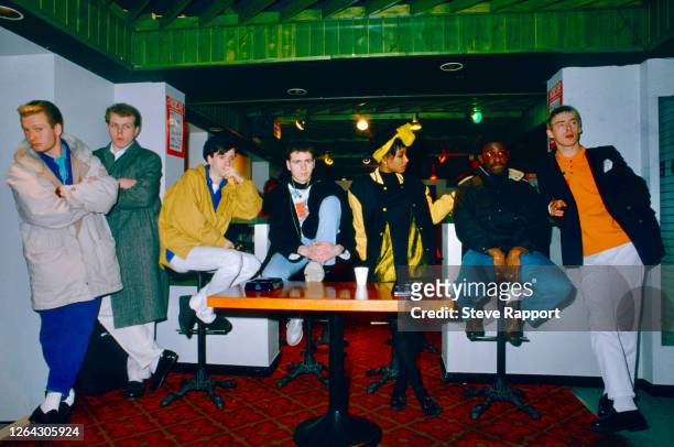 View of performers backstage during the Red Wedge Tour, Newcastle City Hall, Newcastle, 1/31/1986. Pictured are, from left, unidentified, Mick...