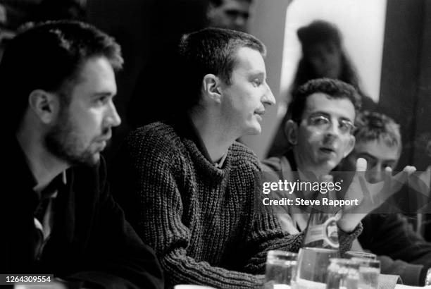 View of, from left, musicians Jerry Dammers, Billy Bragg, Richard Coles, and Paul Weller during a press conference on the Red Wedge Tour, De Montfort...