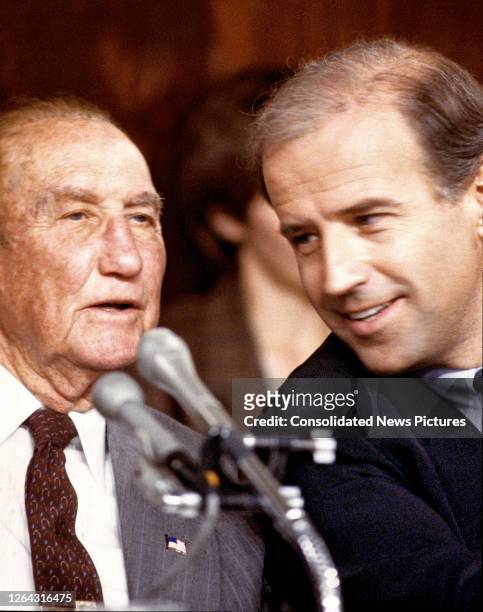 Close-up of American politicians and US Senators Strom Thurmond and Joseph Biden, respectively the ranking member and Chairman of the Senate...