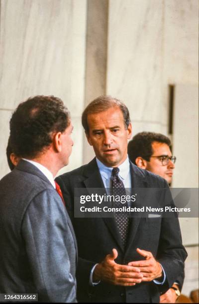 American politician US Senator Arlen Specter listen to fellow Senator and Chairman of the Senate Judiciary Committee Joseph Biden during a break in a...