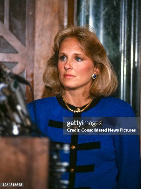 Close-up of American school teacher Jill Biden during a press conference, Washington DC, September 23, 1987. At the conference, her husband, Senator...