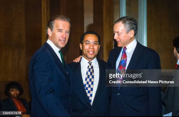 Portrait of, from left, American politicians, US Senator and Chairman of the Senate Judiciary Committee Joseph Biden, lawyer Deval Patrick, and...