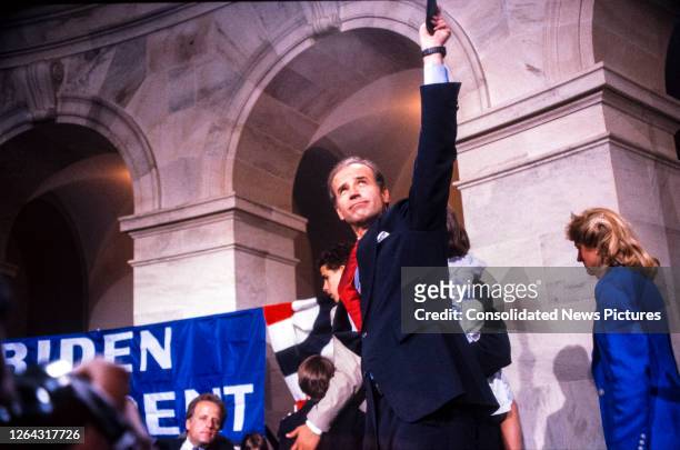 American politician US Senator Joseph Biden waves after announcing his intention to run for the 1988 Democratic presidential nomination, Washington...