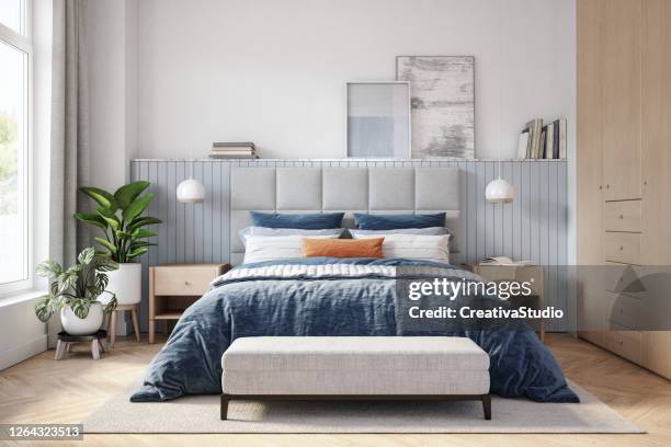 scandinavisch slaapkamerinterieur - stockfoto - bright bedroom stockfoto's en -beelden