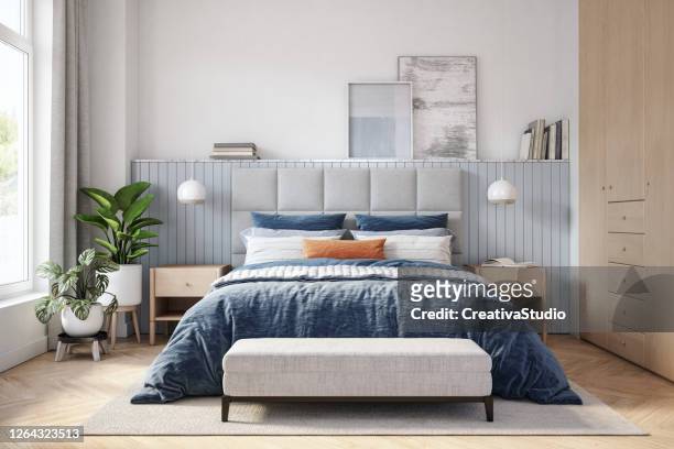 scandinavian bedroom interior - stock photo - indoors stock pictures, royalty-free photos & images