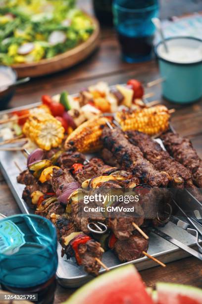 lamb, beef and vegetarian kebab - kebab stock pictures, royalty-free photos & images